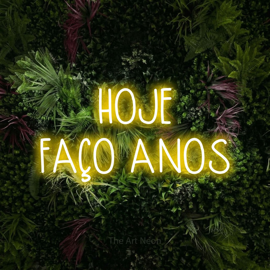 LED neon sign reading “HOJE FAÇO ANOS”, arranged in 2 lines.