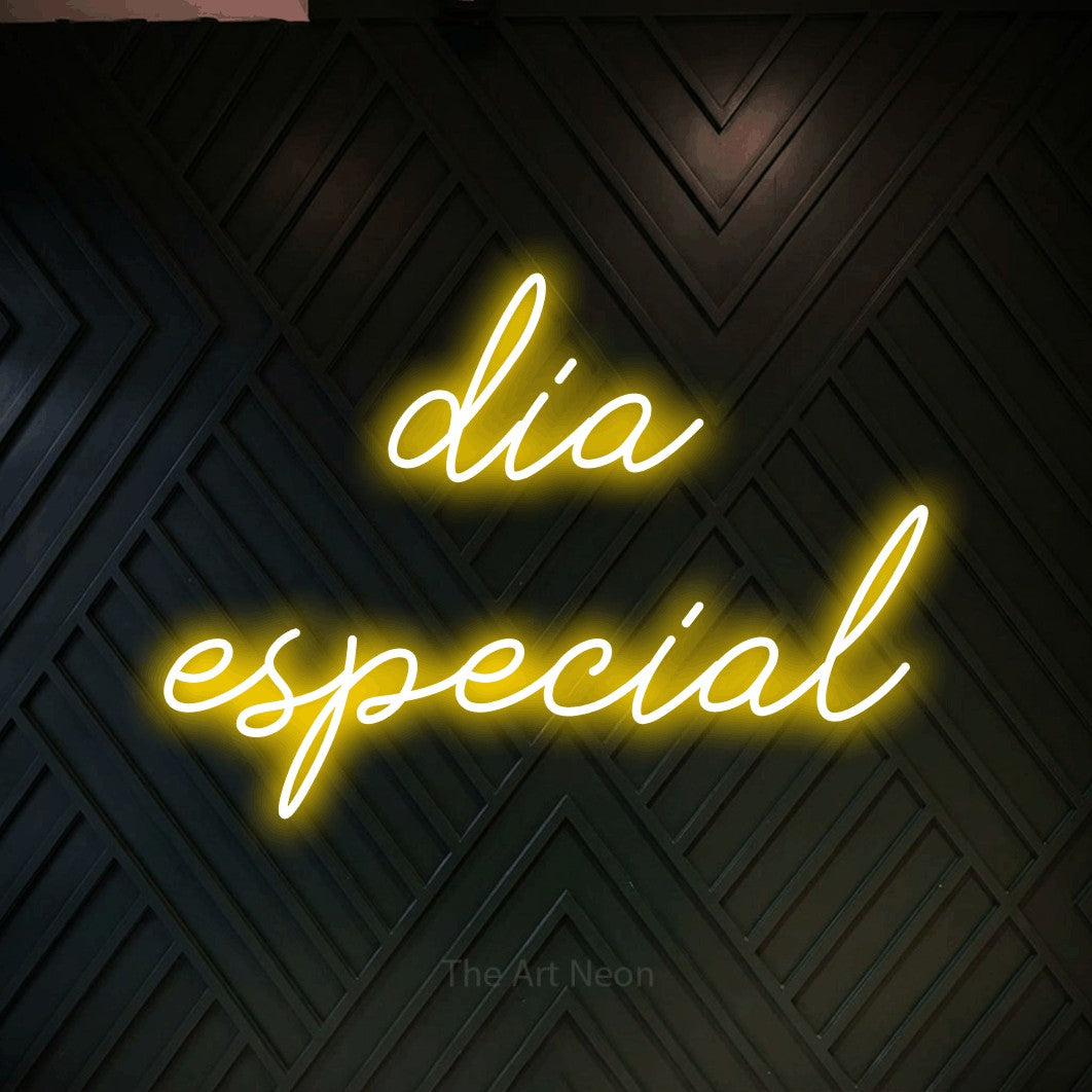 LED neon sign reading “dia especial”, arranged in 2 lines.