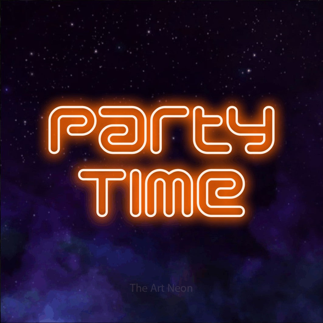 LED neon sign reading “Party Time”, arranged in 2 lines.