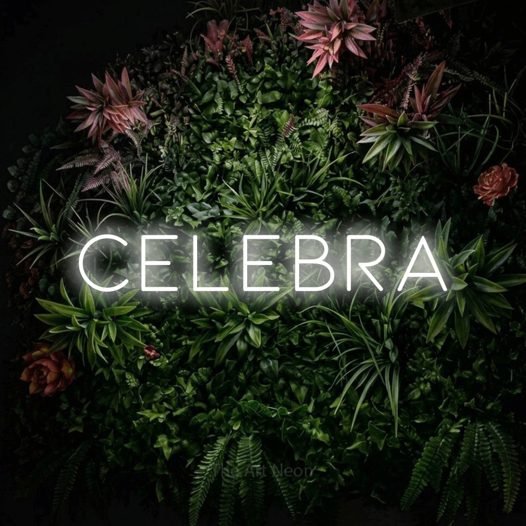 LED neon sign reading “celebra”, arranged in a single line.