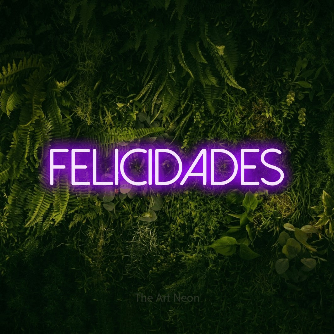 LED neon sign reading “felicidades”, arranged in a single line.