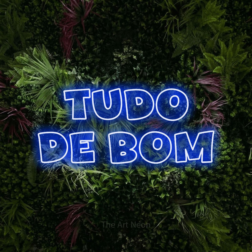 LED neon sign reading “tudo de bom”, arranged in 2 lines.