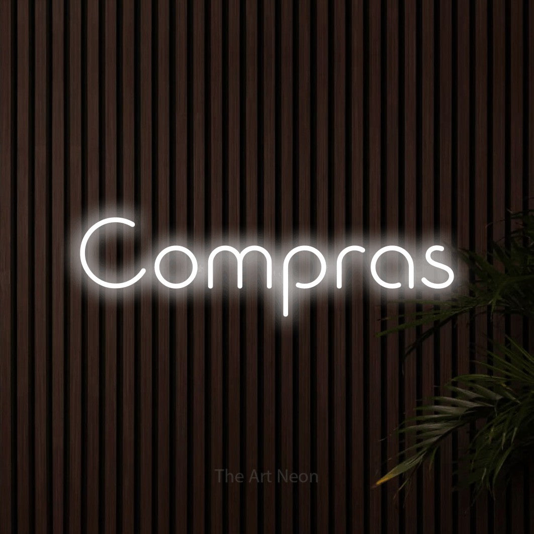 LED neon sign reading “Compras”, arranged in a single line.
