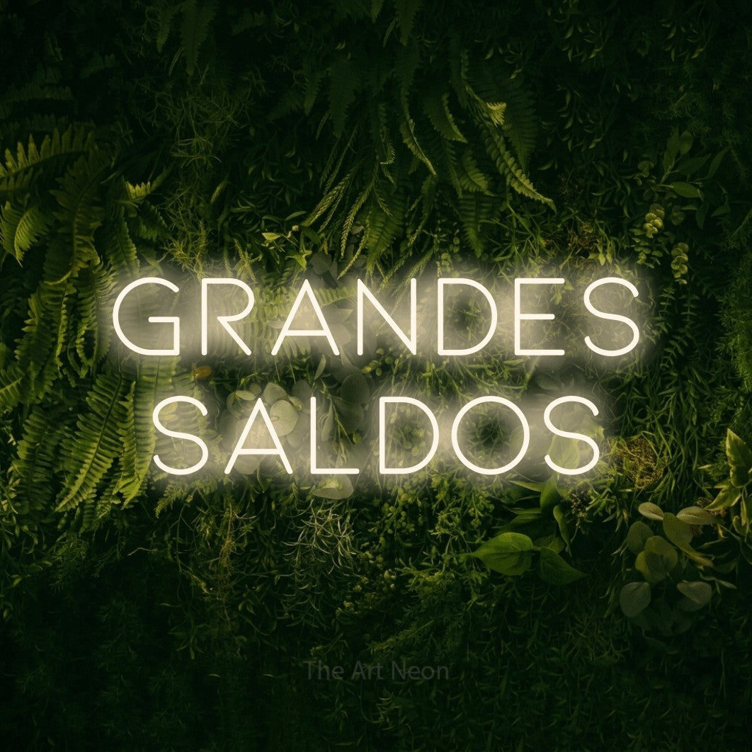 LED neon sign reading “Grandes Saldos”, arranged in 2 lines.