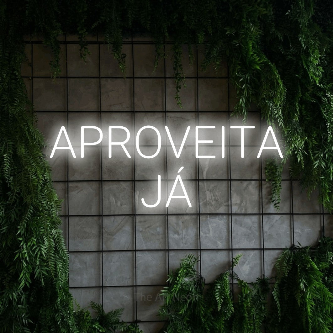 LED neon sign reading “APROVEITA JÁ”, arranged in 2 lines.