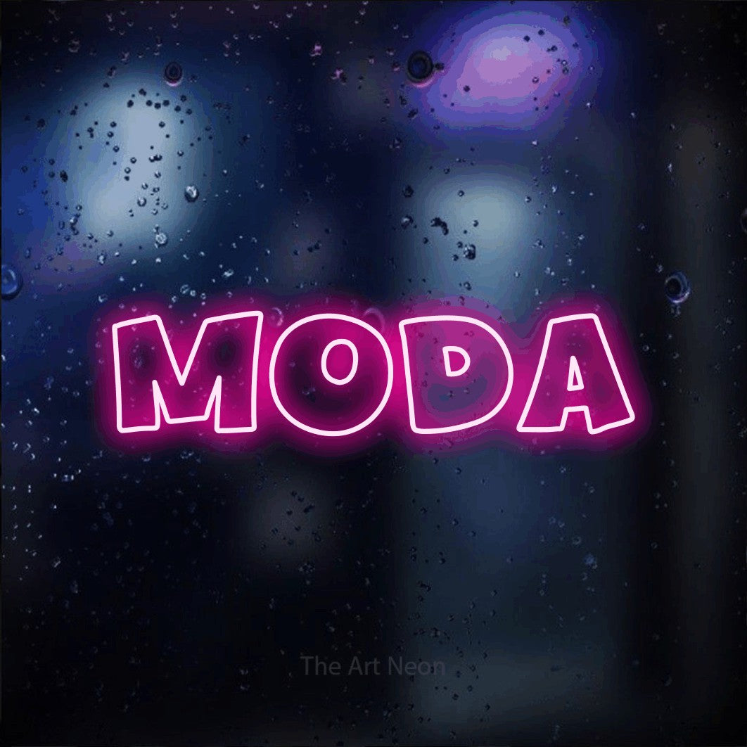 LED neon sign reading “moda”, arranged in a single line.