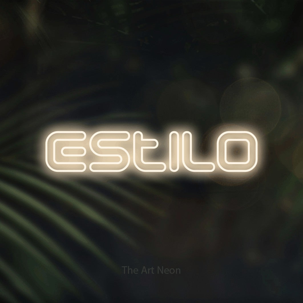 LED neon sign reading “Estilo”, arranged in a single line.