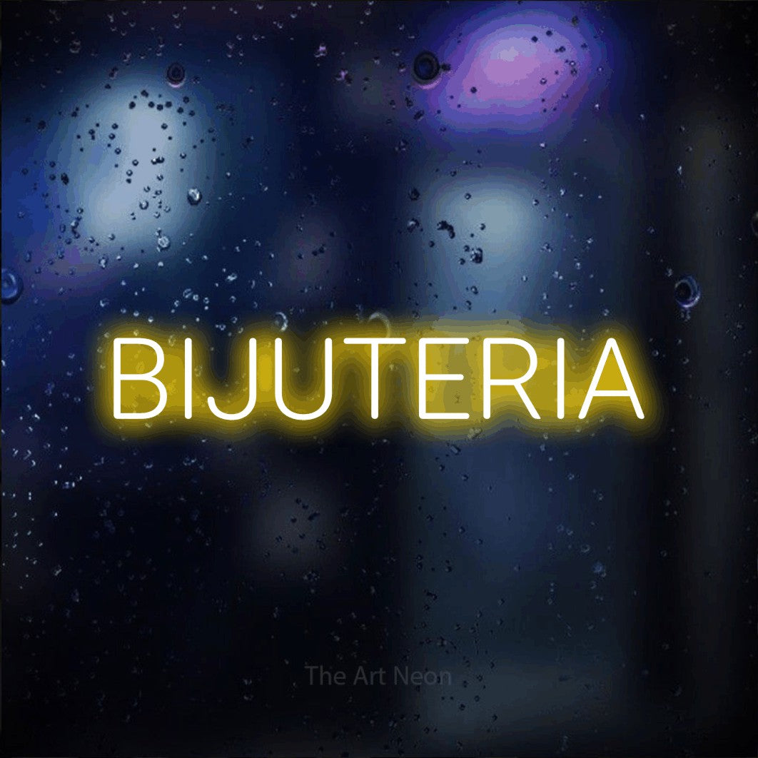 LED neon sign reading “BIJUTERIA”, arranged in a single line.