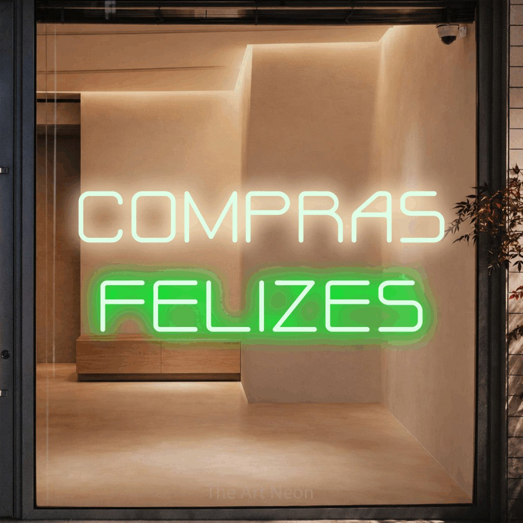 LED neon sign reading “COMPRAS FELIZES”, arranged in 2 lines.