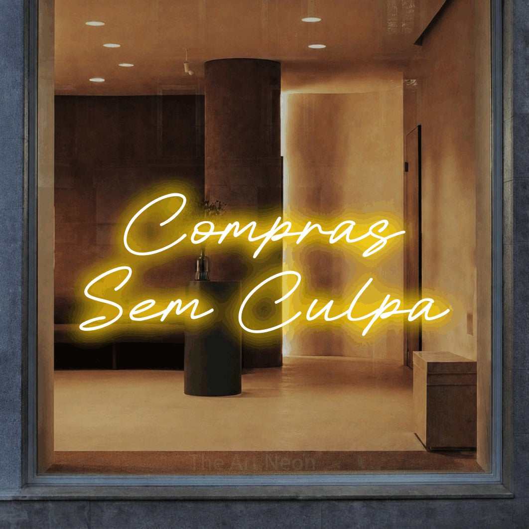 LED neon sign reading “Compras Sem Culpa”, arranged in 2 lines.