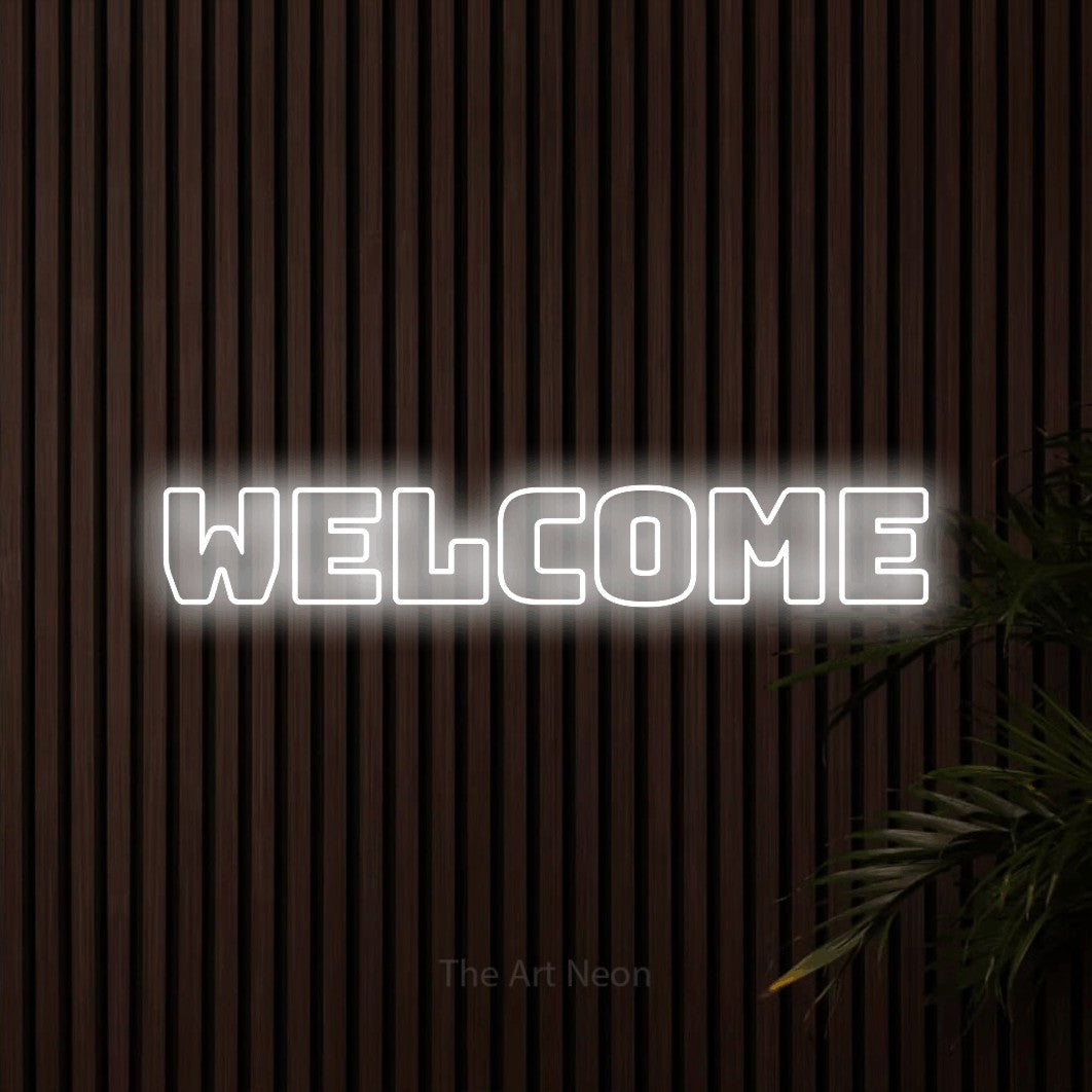 LED neon sign reading “welcome”, arranged in a single line.