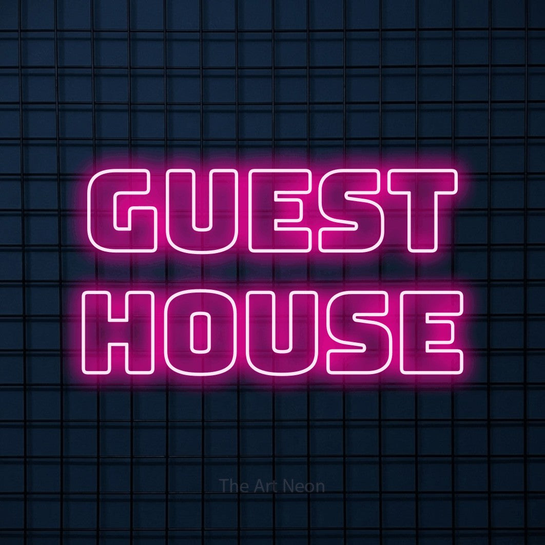 LED neon sign reading “GUEST HOUSE”, arranged in 2 lines.