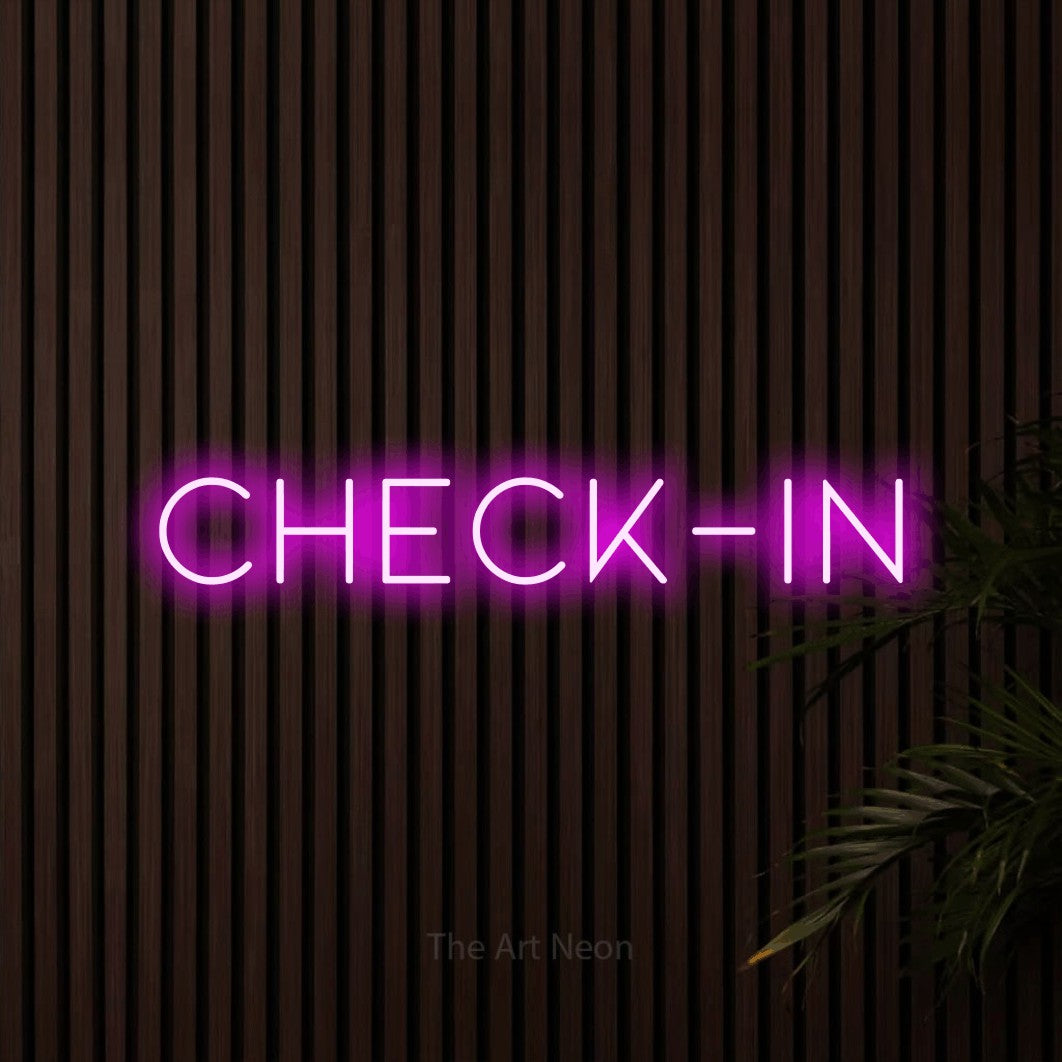 LED neon sign reading “Check-in”, arranged in a single line.