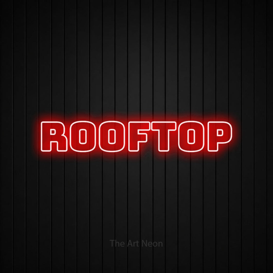 LED neon sign reading “rooftop”, arranged in a single line.