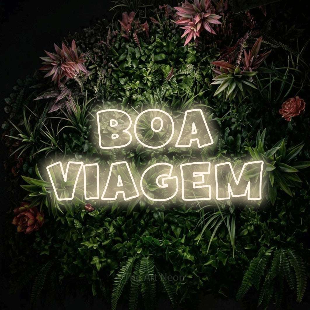LED neon sign reading “boa VIAGEM”, arranged in 2 lines.