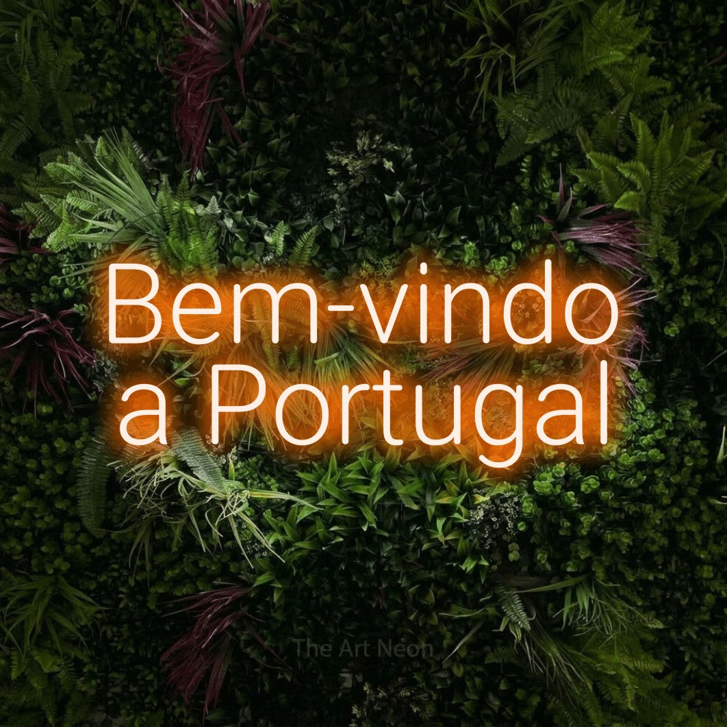 LED neon sign reading “Bem-vindo a Portugal”, arranged in 2 lines.