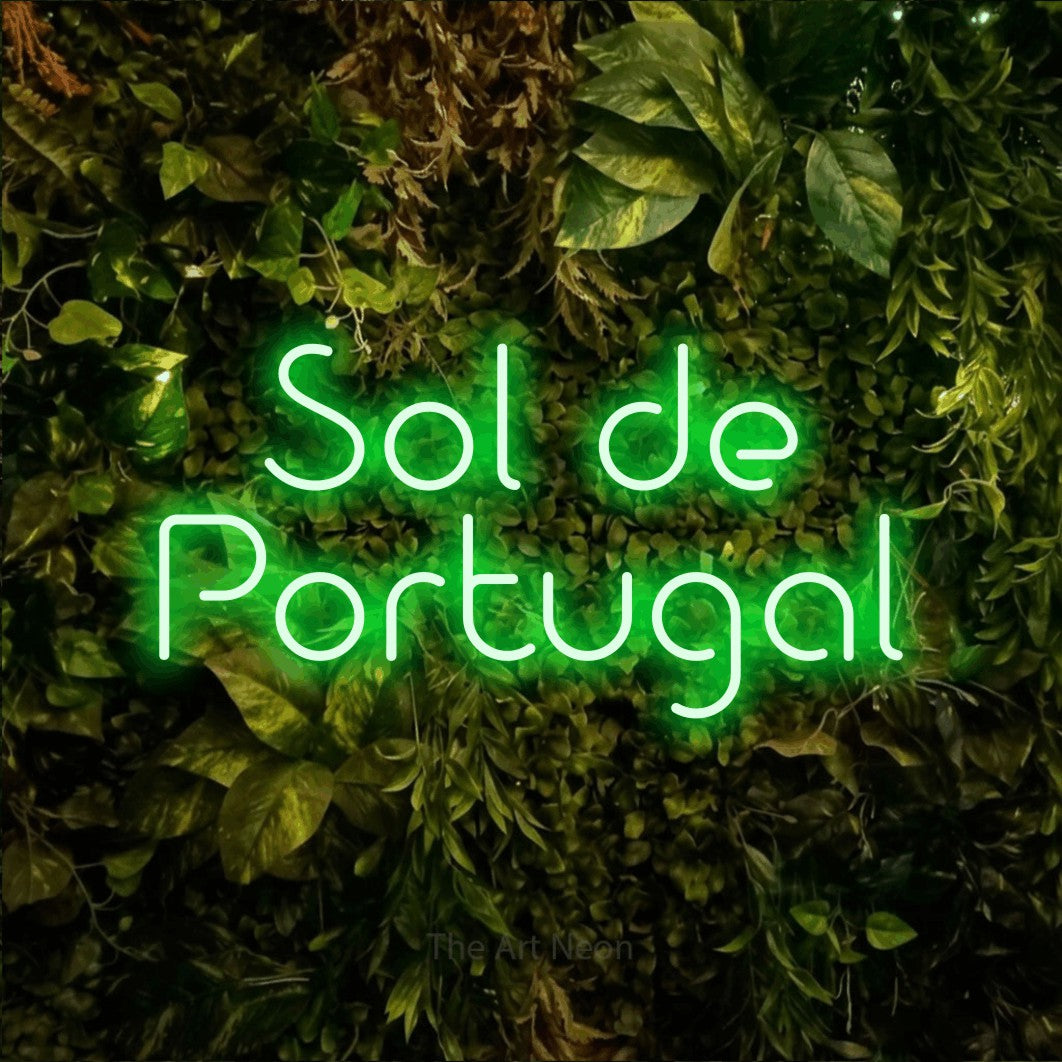 LED neon sign reading “Sol de Portugal”, arranged in 2 lines.