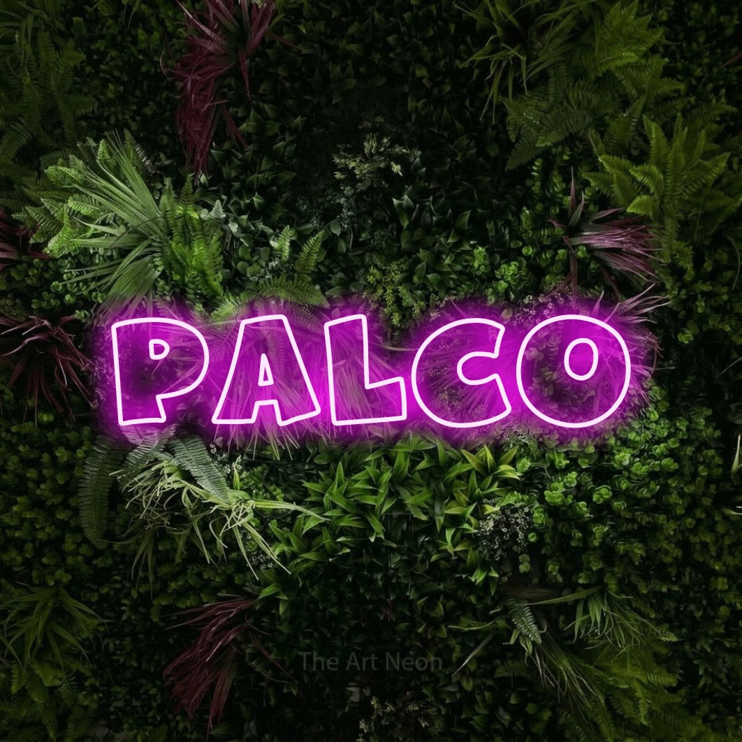 LED neon sign reading “Palco”, arranged in a single line.