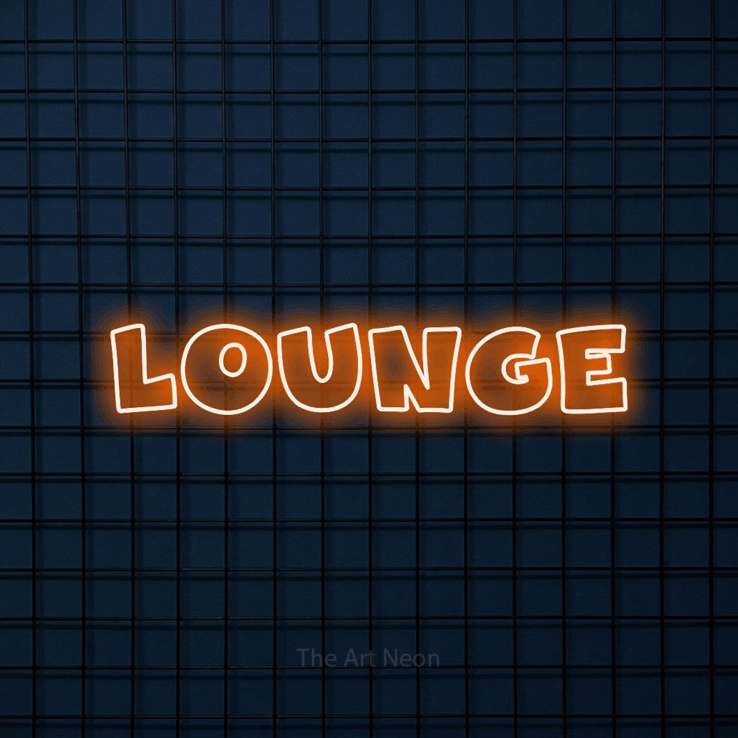 LED neon sign reading “LOUNGE”, arranged in a single line.
