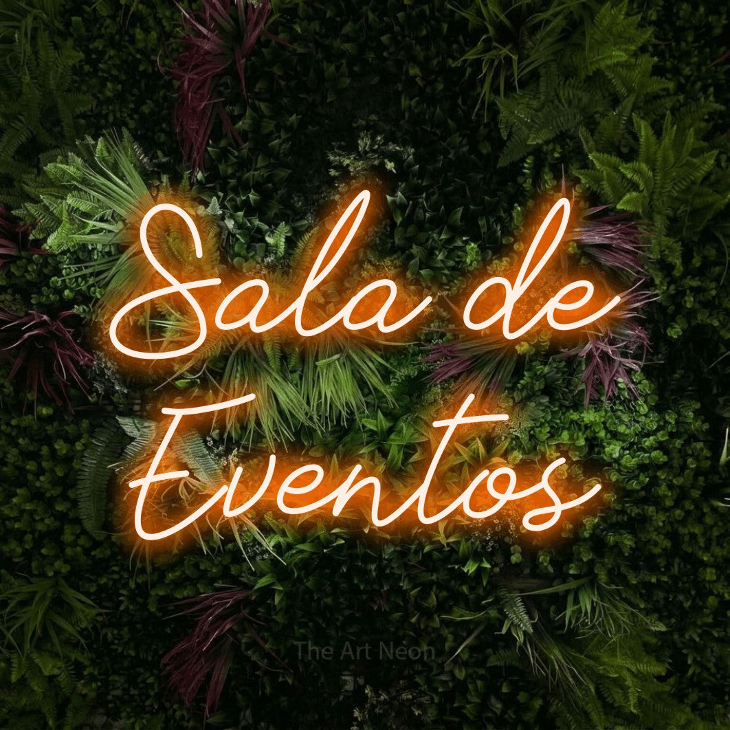 LED neon sign reading “Sala de Eventos”, arranged in 2 lines.