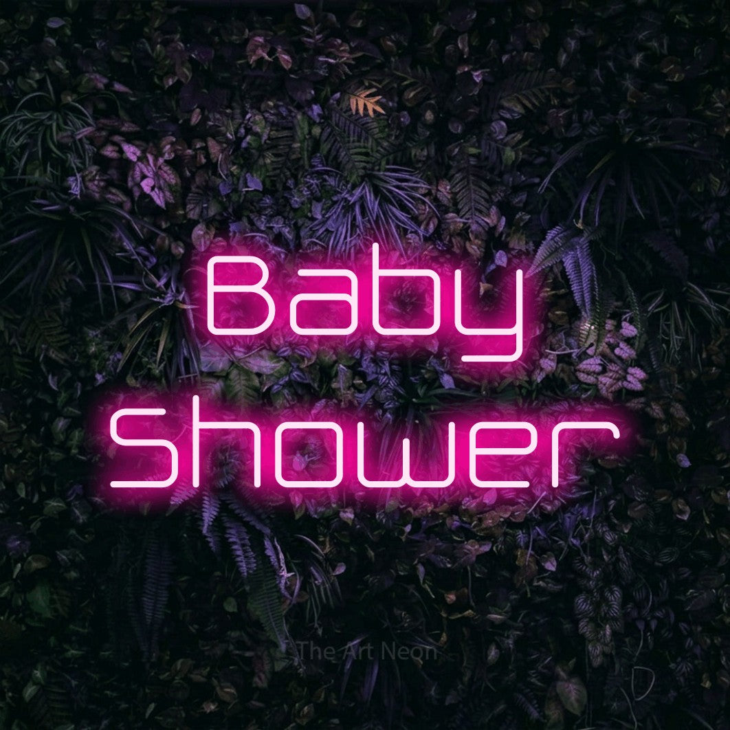 LED neon sign reading “Baby Shower”, arranged in 2 lines.