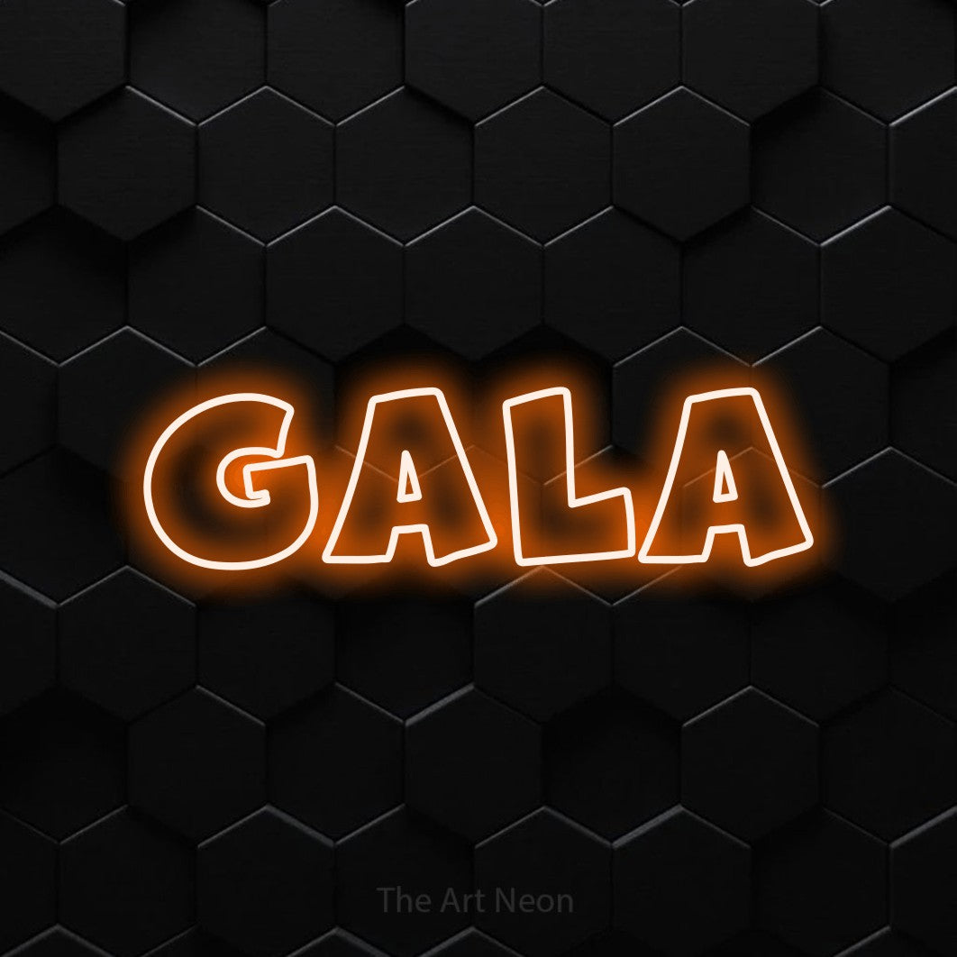 LED neon sign reading “GALA”, arranged in a single line.