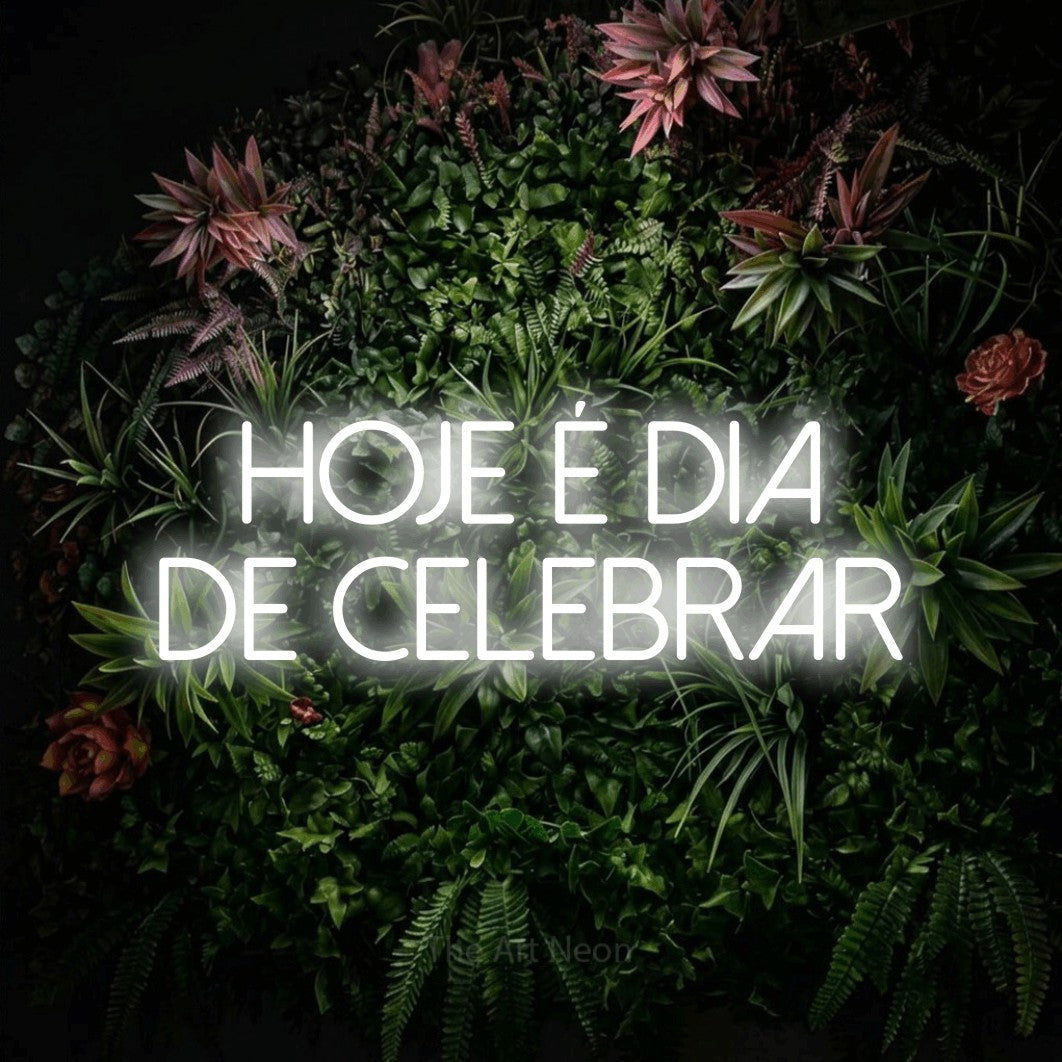 LED neon sign reading “hoje é dia de CELEBRAR”, arranged in 2 lines.