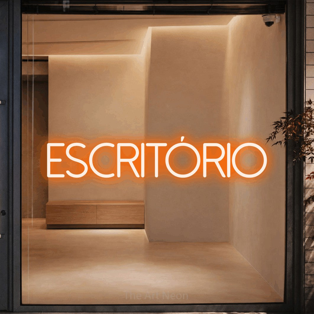 LED neon sign reading “escritório”, arranged in a single line.