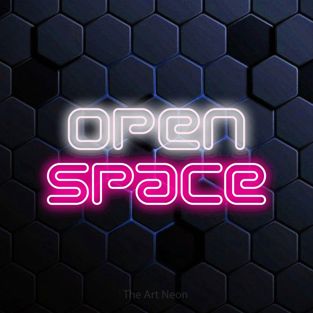 LED neon sign reading “Open Space”, arranged in 2 lines.