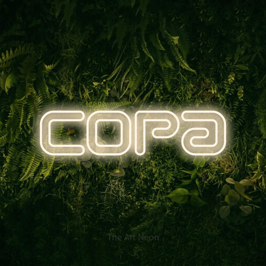 LED neon sign reading “copa”, arranged in a single line.