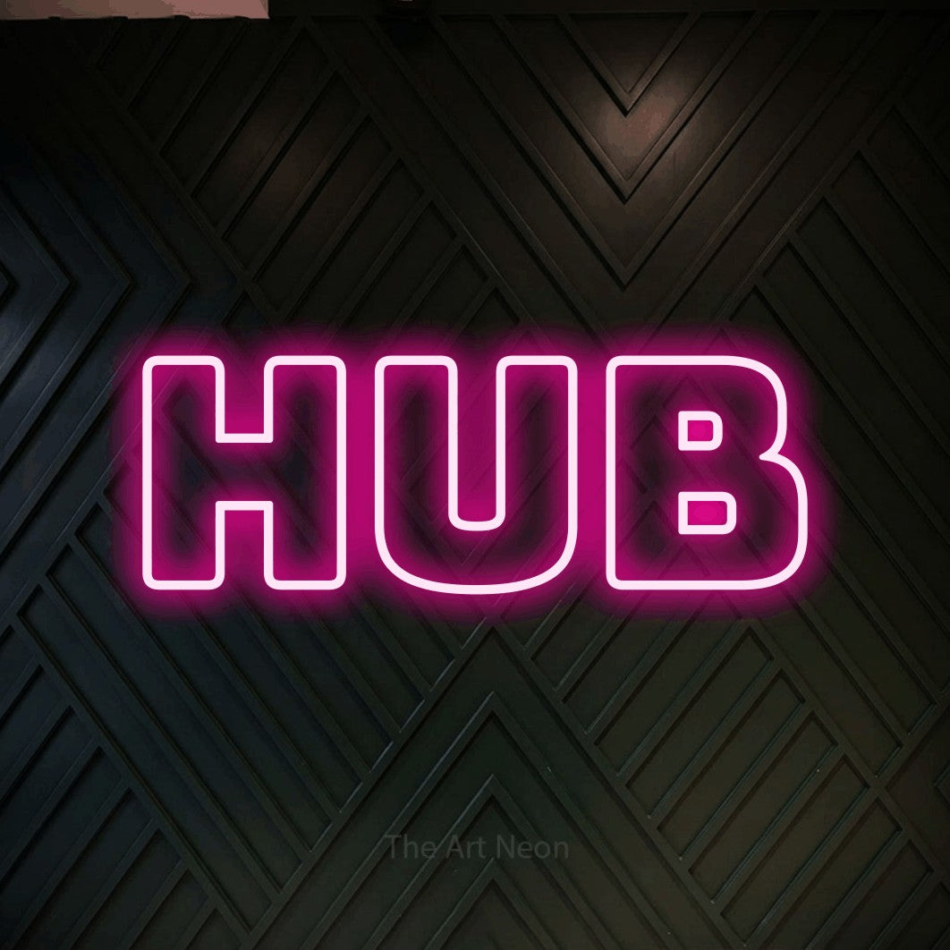 LED neon sign reading “HUB”, arranged in a single line.