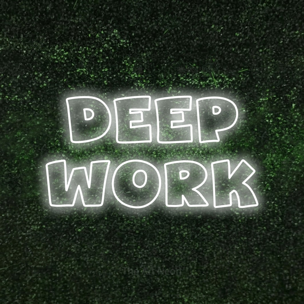 LED neon sign reading “DEEP work”, arranged in 2 lines.