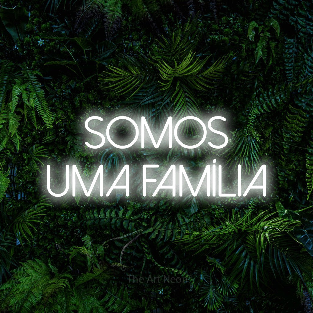 LED neon sign reading “SOMOS UMA FAMÍLIA”, arranged in 2 lines.