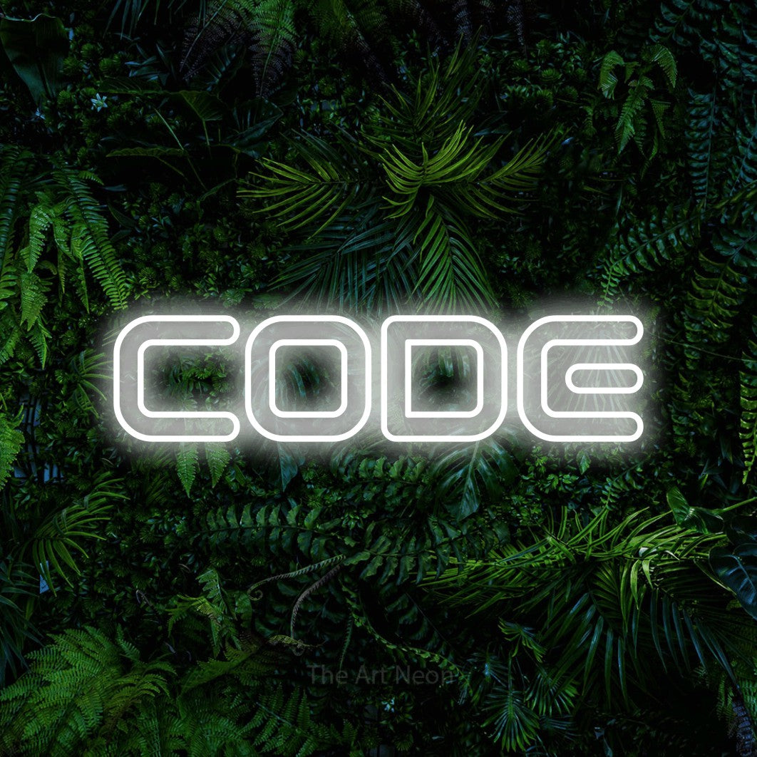 LED neon sign reading “CODE”, arranged in a single line.