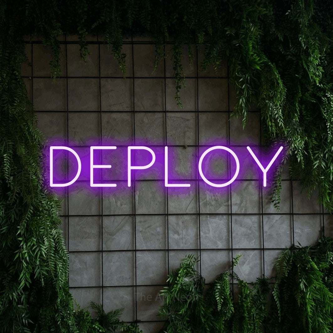 LED neon sign reading “deploy”, arranged in a single line.