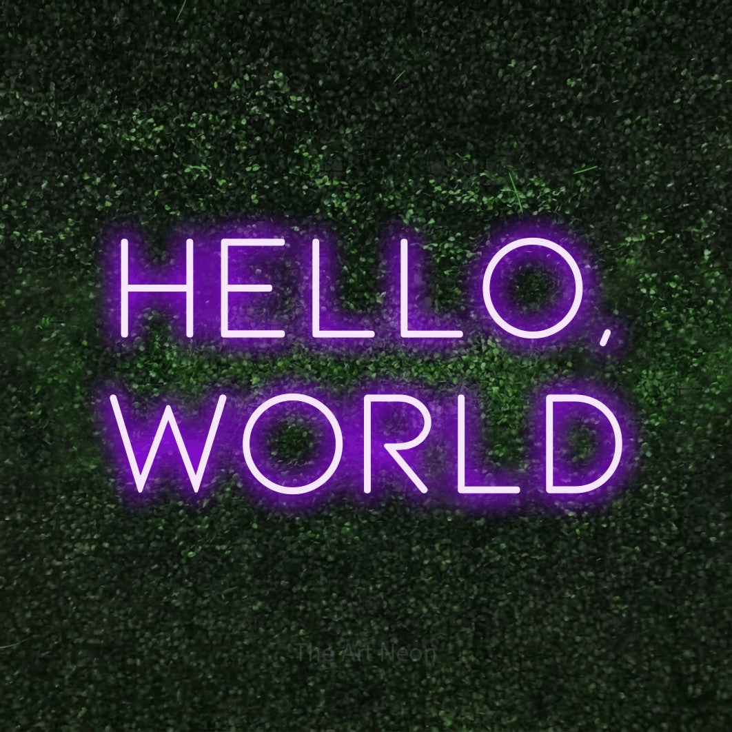 LED neon sign reading “HELLO, world”, arranged in 2 lines.