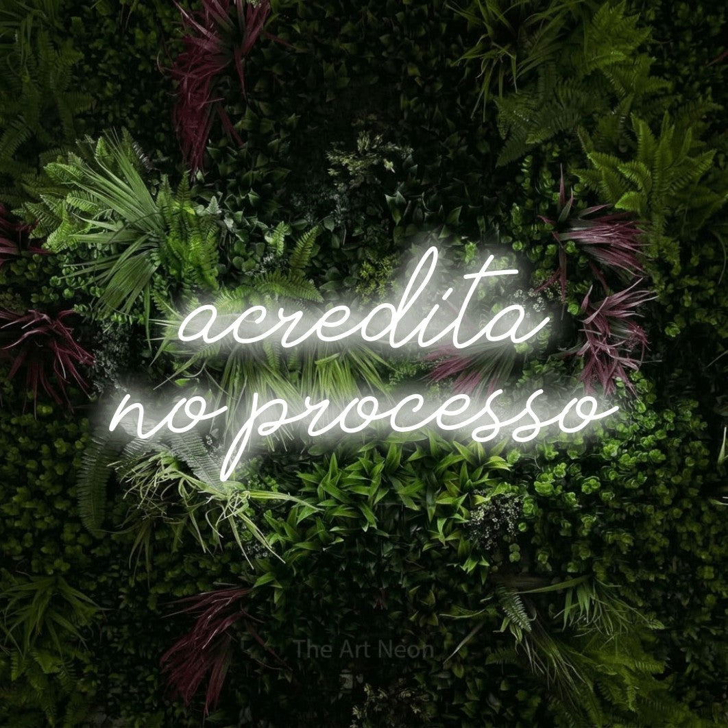 LED neon sign reading “acredita no processo”, arranged in 2 lines.