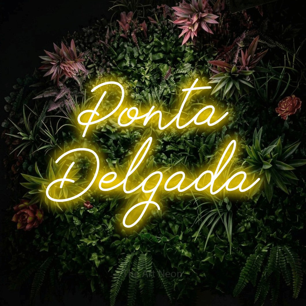 LED neon sign reading “Ponta Delgada”, arranged in 2 lines.