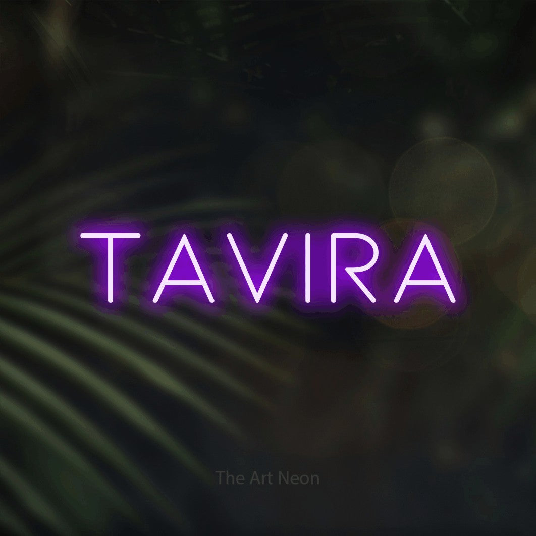LED neon sign reading “TAVIRA”, arranged in a single line.