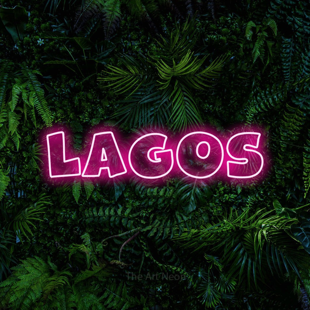 LED neon sign reading “LAGOS”, arranged in a single line.