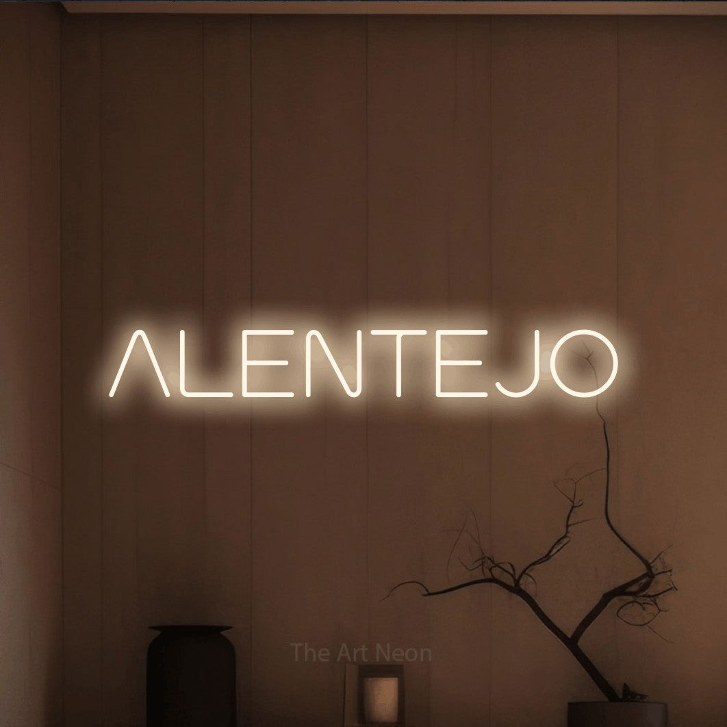 LED neon sign reading “ALENTEJO”, arranged in a single line.