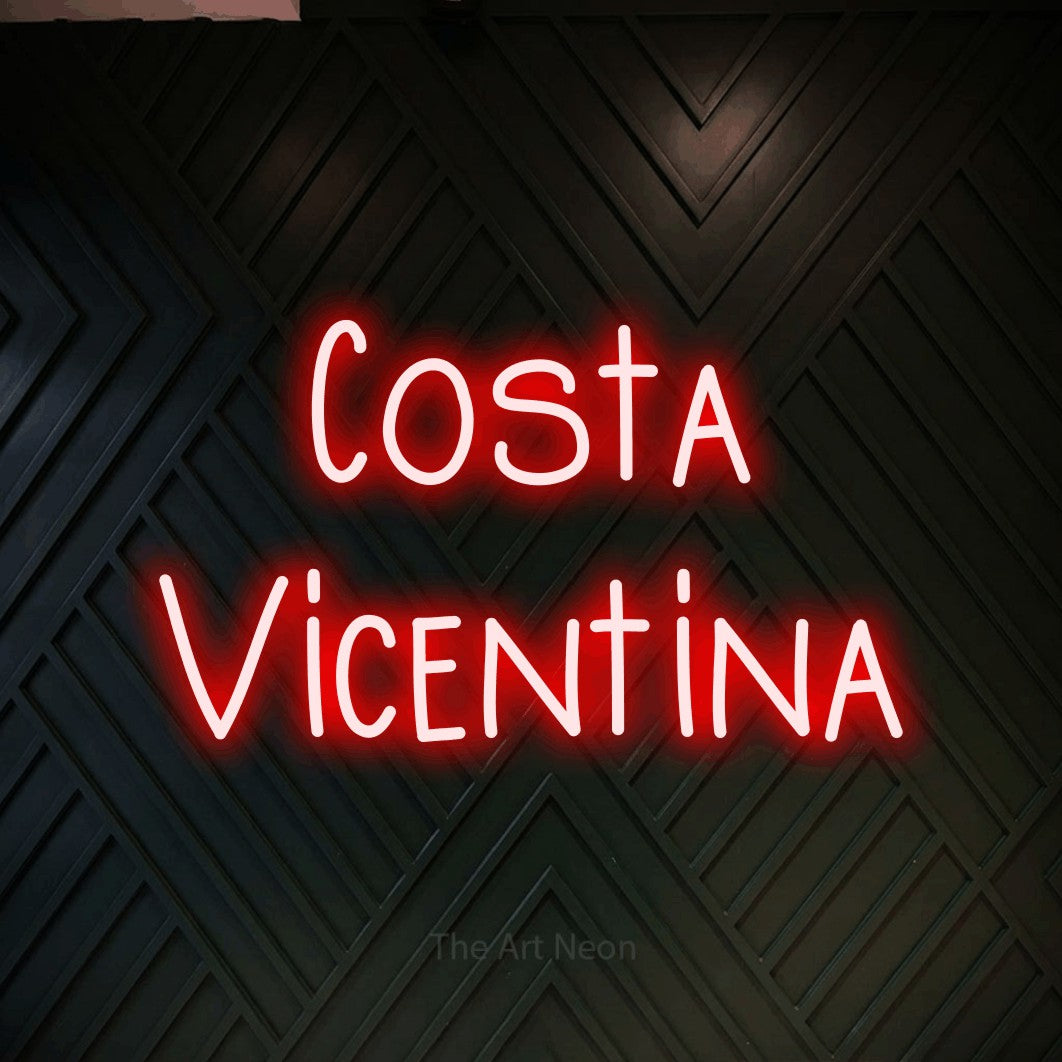 LED neon sign reading “Costa Vicentina”, arranged in 2 lines.
