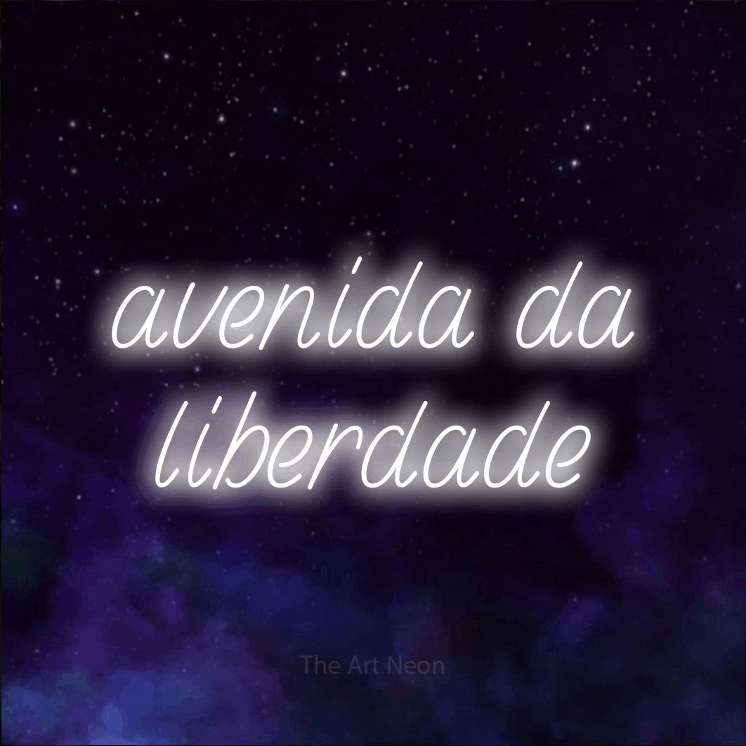 LED neon sign reading “avenida da liberdade”, arranged in 2 lines.