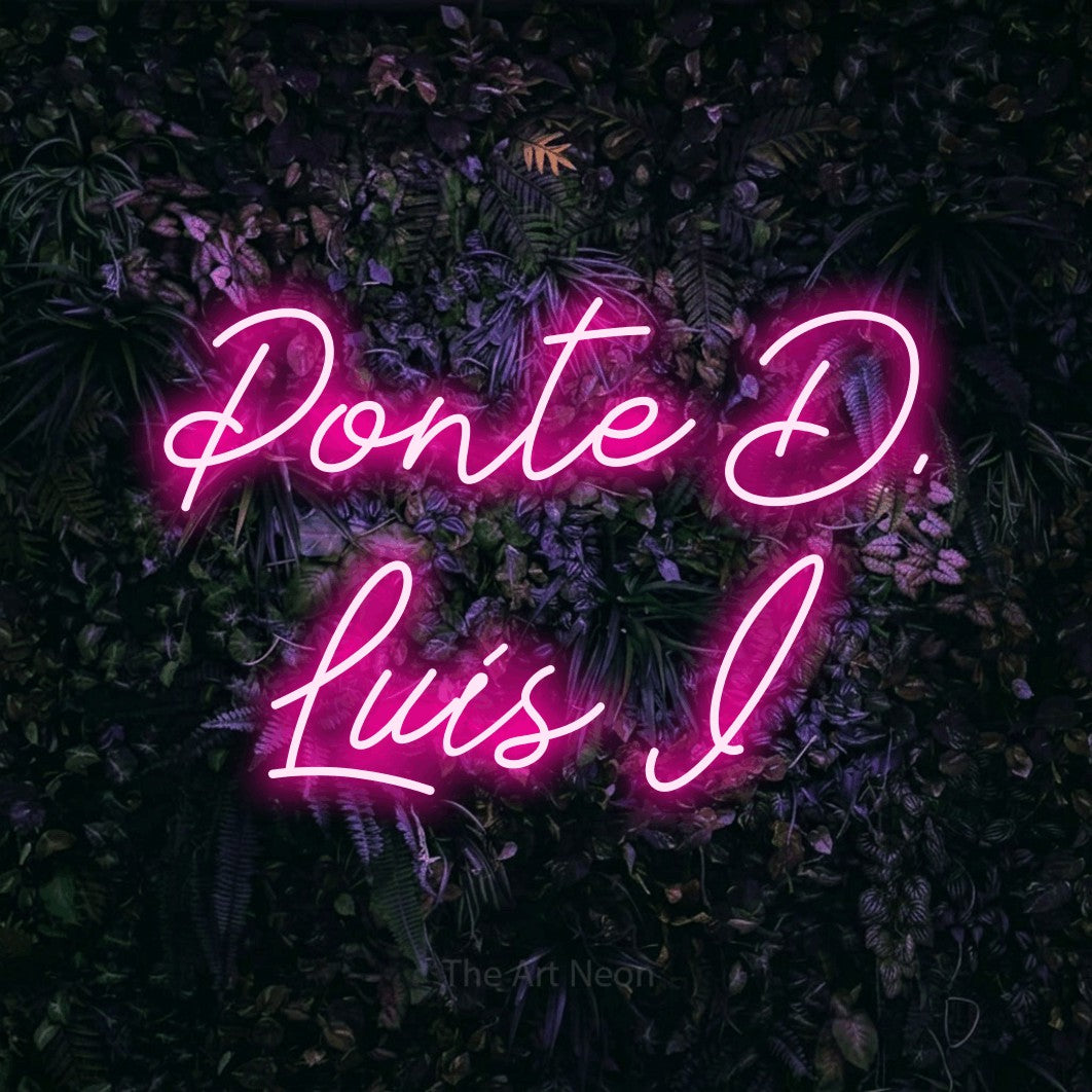 LED neon sign reading “Ponte D. Luís I”, arranged in 2 lines.