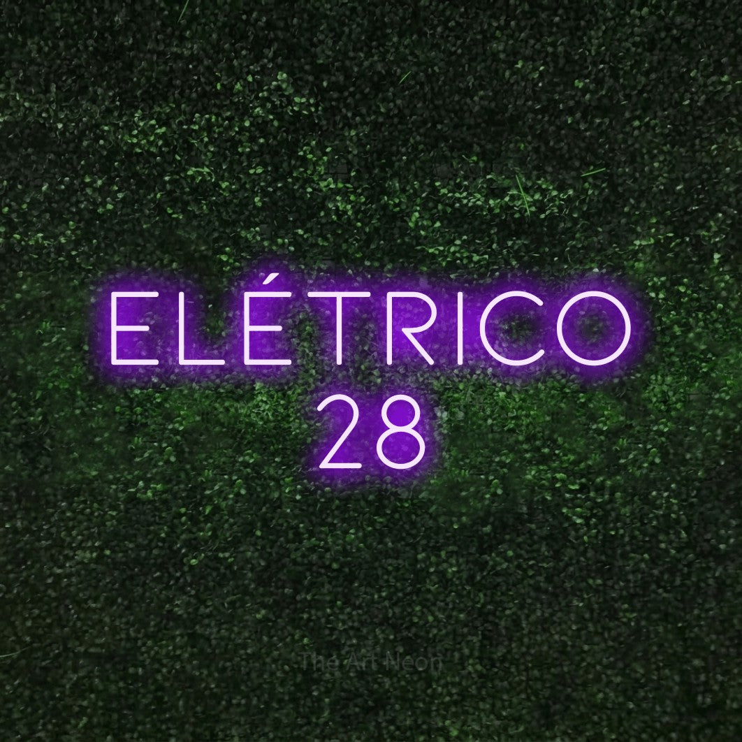LED neon sign reading “Elétrico 28”, arranged in 2 lines.