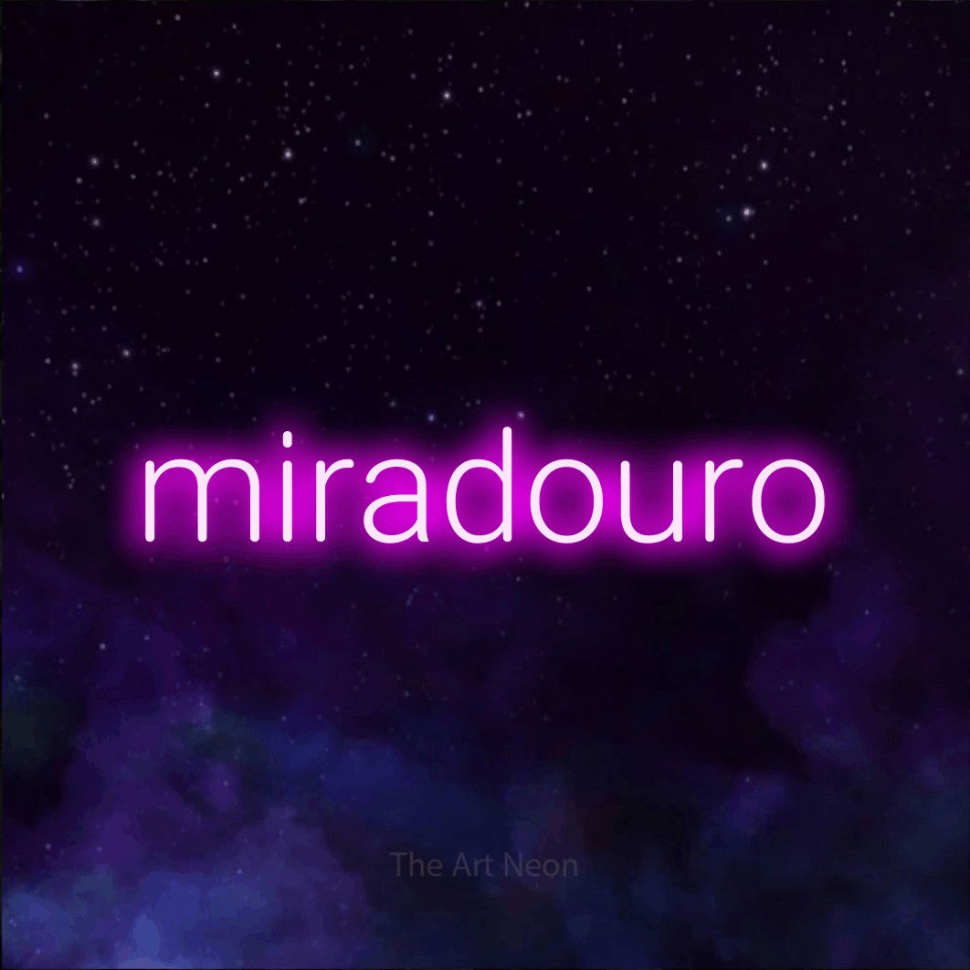 LED neon sign reading “miradouro”, arranged in a single line.