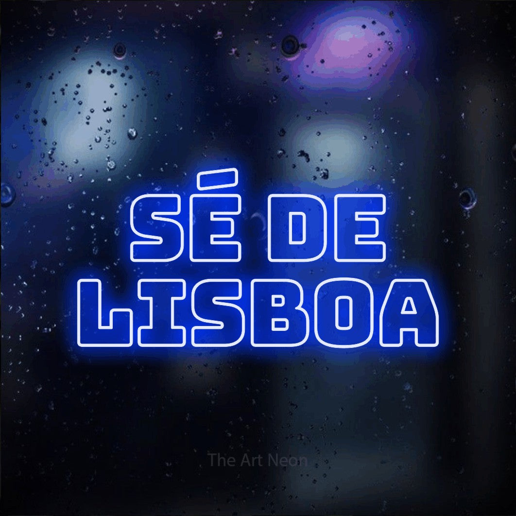 LED neon sign reading “sé de lisboa”, arranged in 2 lines.