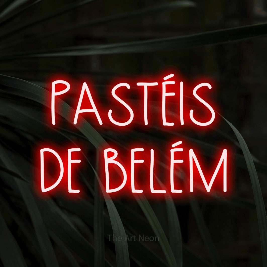 LED neon sign reading “PASTÉIS DE BELÉM”, arranged in 2 lines.