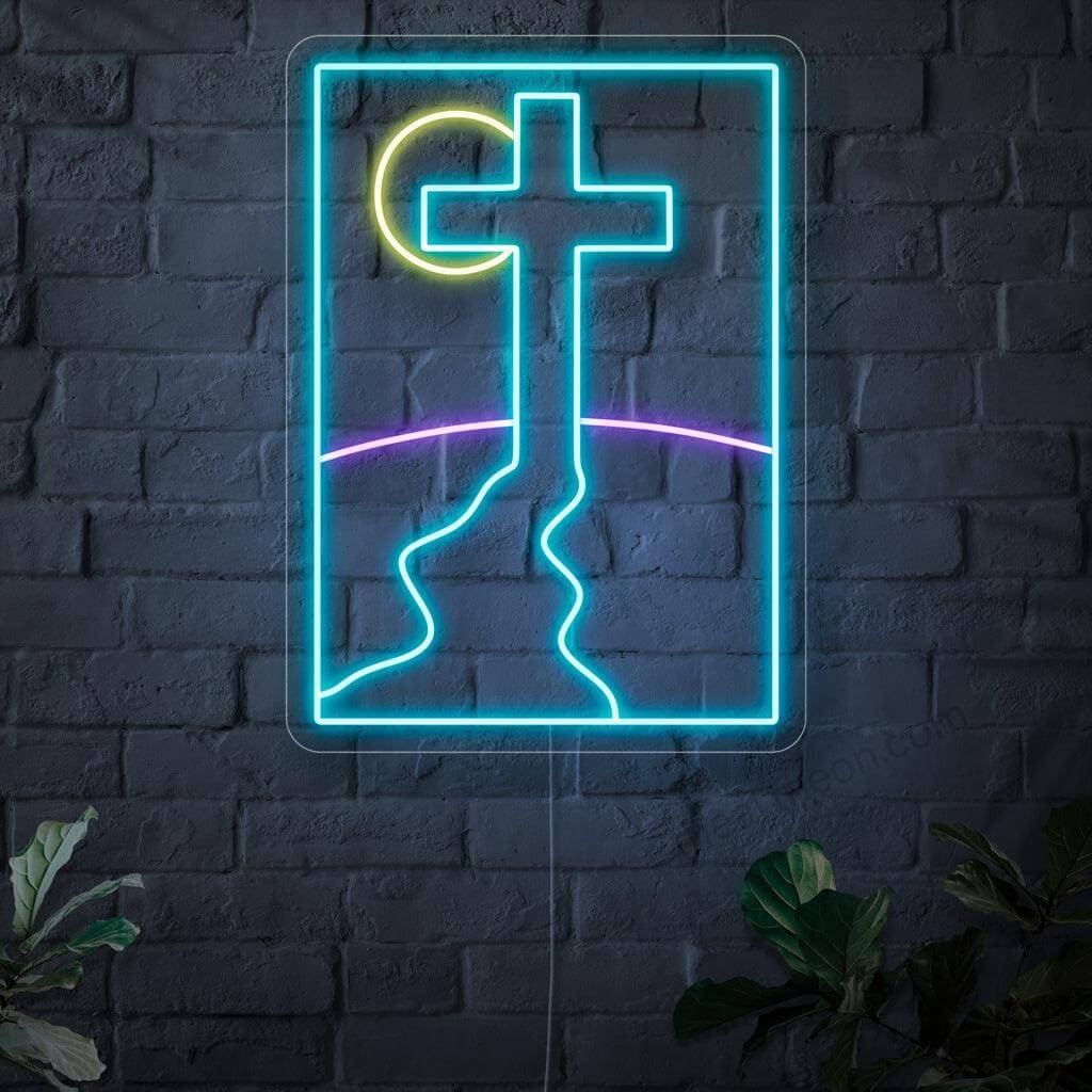 Um letreiro de neon iluminado com um caminho que leva a uma cruz, simbolizando a jornada de fé e proporcionando uma sensação de direção e inspiração