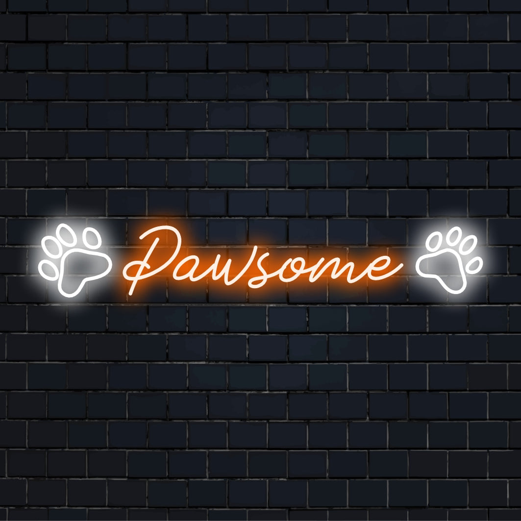 Placa de LED neon personalizada intitulada Pawsome, criada para amantes de animais de estimação; apresenta cores neon vibrantes e design de patas.
